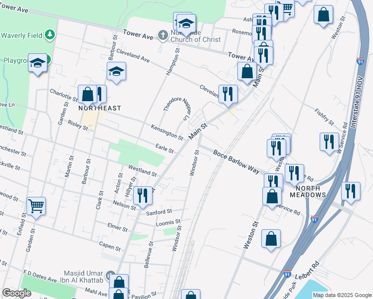 map of restaurants, bars, coffee shops, grocery stores, and more near 2790 Main Street in Hartford