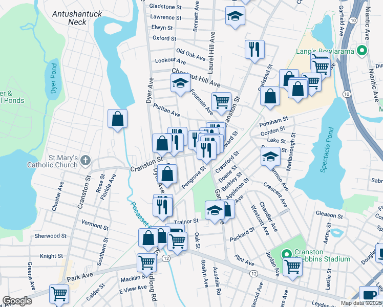 map of restaurants, bars, coffee shops, grocery stores, and more near 63 Cleveland Avenue in Cranston
