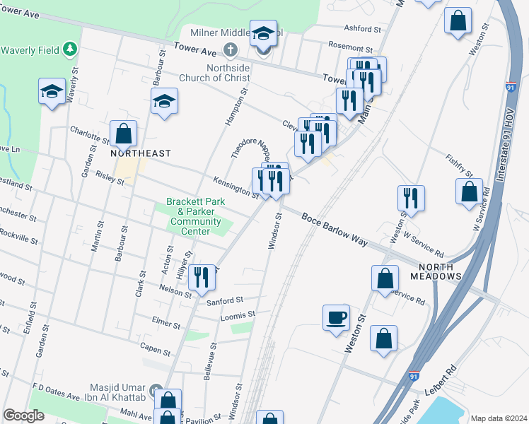 map of restaurants, bars, coffee shops, grocery stores, and more near 2790 Main Street in Hartford