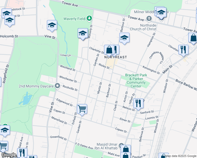 map of restaurants, bars, coffee shops, grocery stores, and more near 211 Martin Street in Hartford