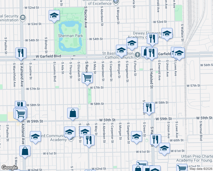 map of restaurants, bars, coffee shops, grocery stores, and more near 5628 South Aberdeen Street in Chicago