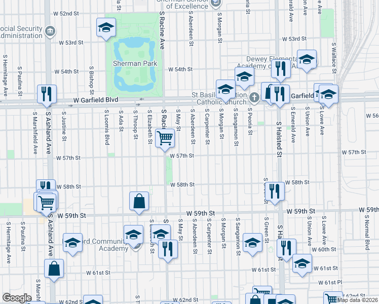 map of restaurants, bars, coffee shops, grocery stores, and more near 5628 South Aberdeen Street in Chicago