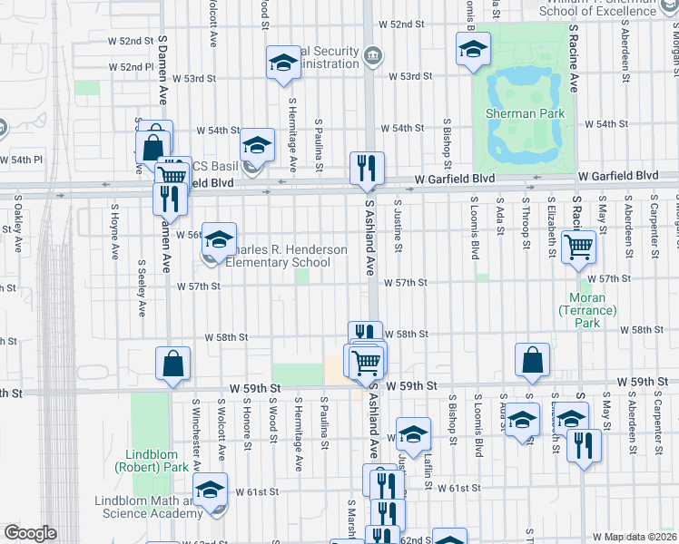 map of restaurants, bars, coffee shops, grocery stores, and more near 5620 South Marshfield Avenue in Chicago