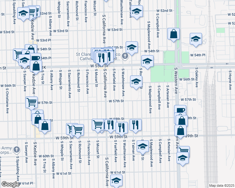 map of restaurants, bars, coffee shops, grocery stores, and more near 5610 South Washtenaw Avenue in Chicago