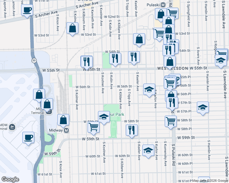 map of restaurants, bars, coffee shops, grocery stores, and more near 5552 South Kolin Avenue in Chicago