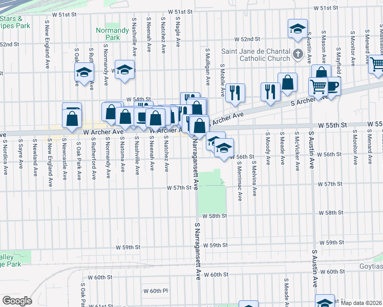map of restaurants, bars, coffee shops, grocery stores, and more near 5523 South Narragansett Avenue in Chicago