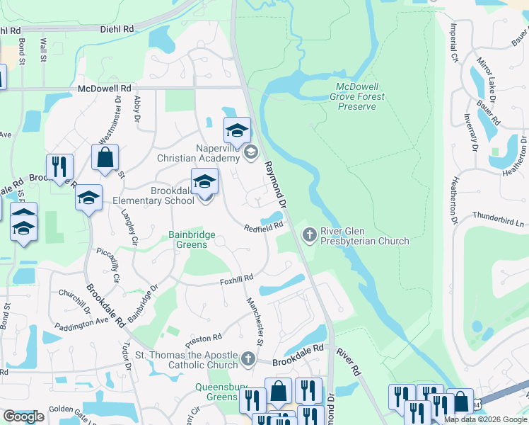 map of restaurants, bars, coffee shops, grocery stores, and more near 1309 Queensgreen Circle in Naperville