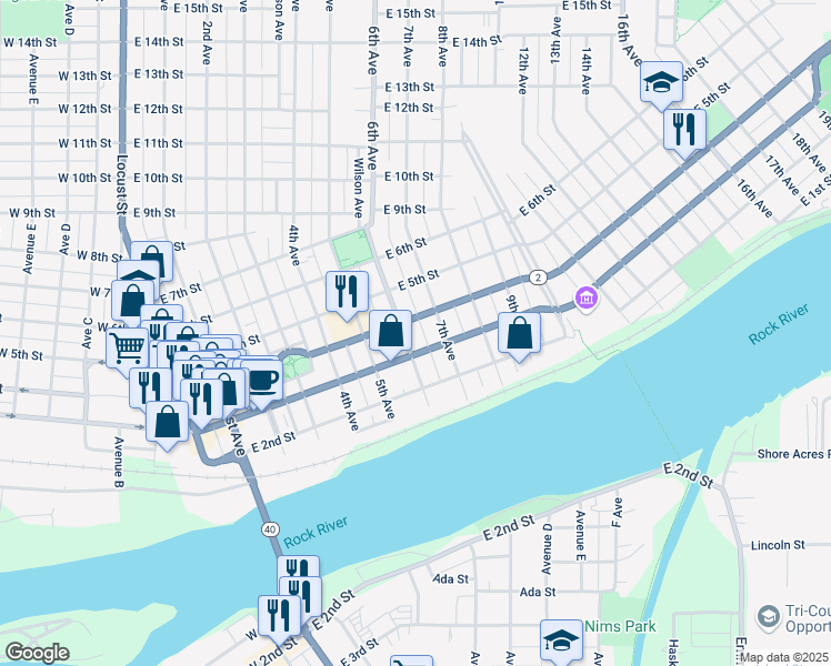 map of restaurants, bars, coffee shops, grocery stores, and more near 404 6th Avenue in Sterling