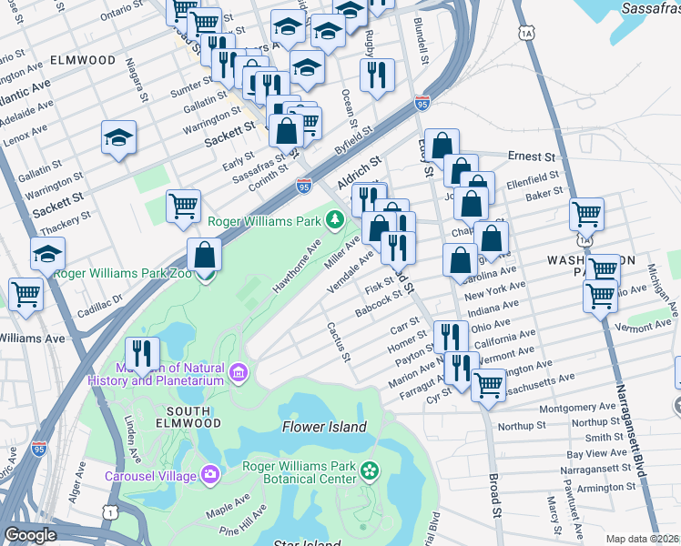 map of restaurants, bars, coffee shops, grocery stores, and more near 55 Verndale Avenue in Providence
