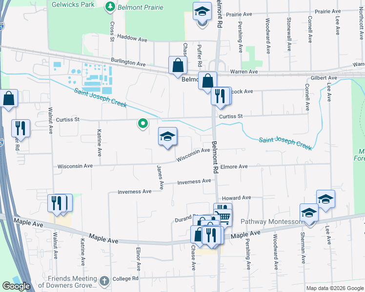 map of restaurants, bars, coffee shops, grocery stores, and more near 2300 Wisconsin Avenue in Downers Grove