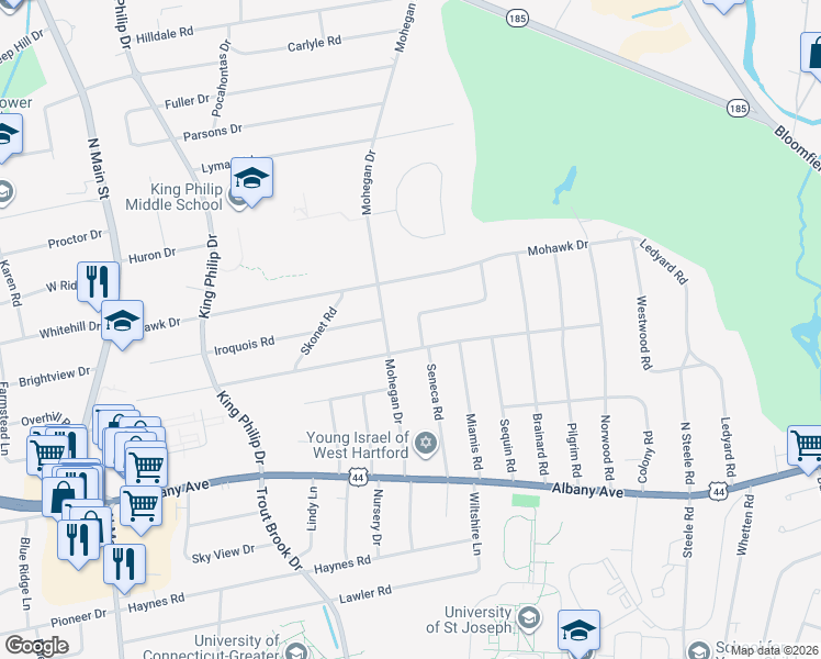 map of restaurants, bars, coffee shops, grocery stores, and more near 15 Stoneham Drive in West Hartford