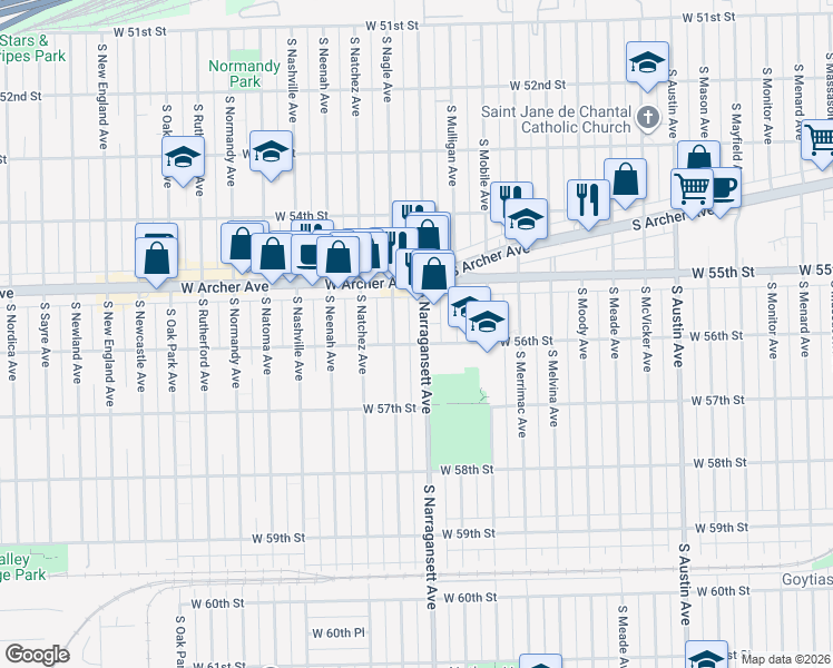 map of restaurants, bars, coffee shops, grocery stores, and more near 5523 South Narragansett Avenue in Chicago
