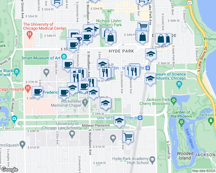 map of restaurants, bars, coffee shops, grocery stores, and more near 1321 East 57th Street in Chicago