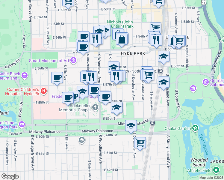 map of restaurants, bars, coffee shops, grocery stores, and more near 5715 South Kimbark Avenue in Chicago