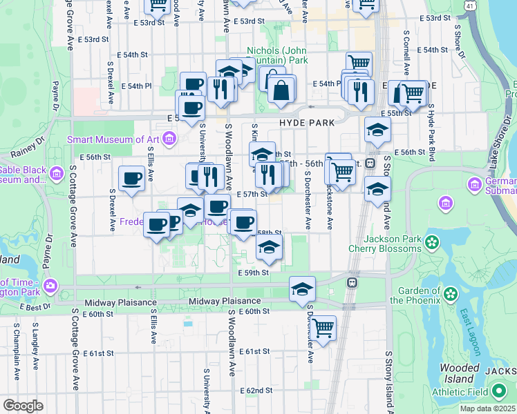 map of restaurants, bars, coffee shops, grocery stores, and more near 1321 East 57th Street in Chicago