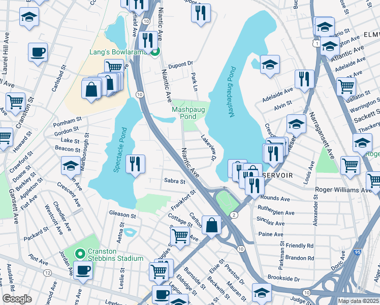 map of restaurants, bars, coffee shops, grocery stores, and more near 487 Niantic Avenue in Cranston