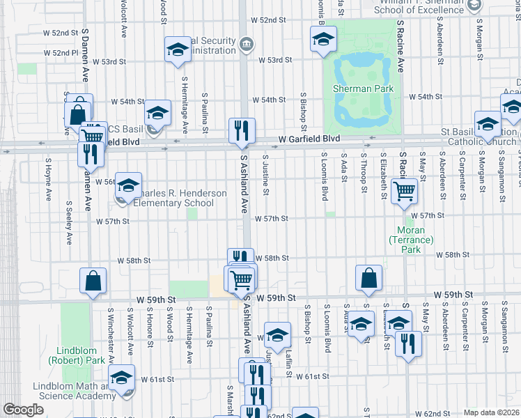 map of restaurants, bars, coffee shops, grocery stores, and more near 5623 South Justine Street in Chicago