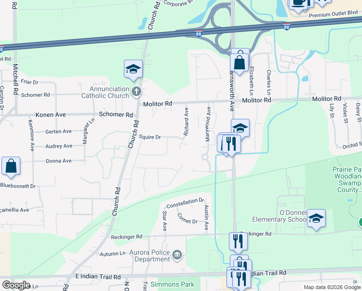 map of restaurants, bars, coffee shops, grocery stores, and more near 1665 Shamrock Dr in Aurora