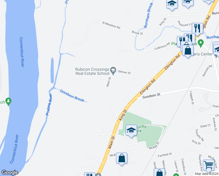 map of restaurants, bars, coffee shops, grocery stores, and more near 1860 Main Street in East Hartford