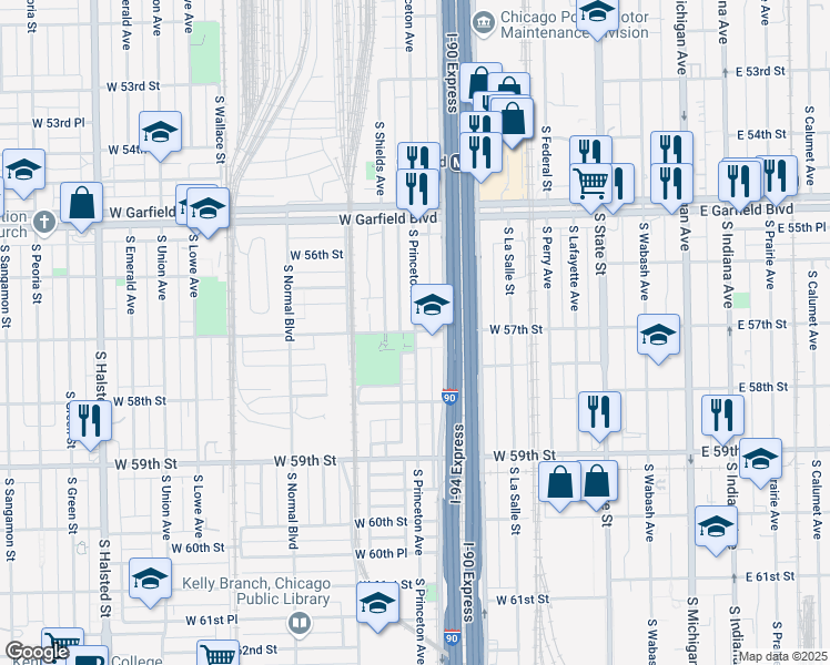 map of restaurants, bars, coffee shops, grocery stores, and more near South Princeton Avenue & West 57th Street in Chicago