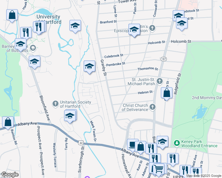 map of restaurants, bars, coffee shops, grocery stores, and more near 170 Granby Street in Hartford