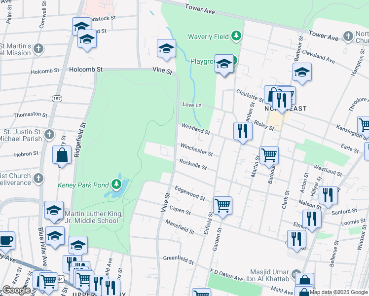 map of restaurants, bars, coffee shops, grocery stores, and more near 26 Winchester Street in Hartford