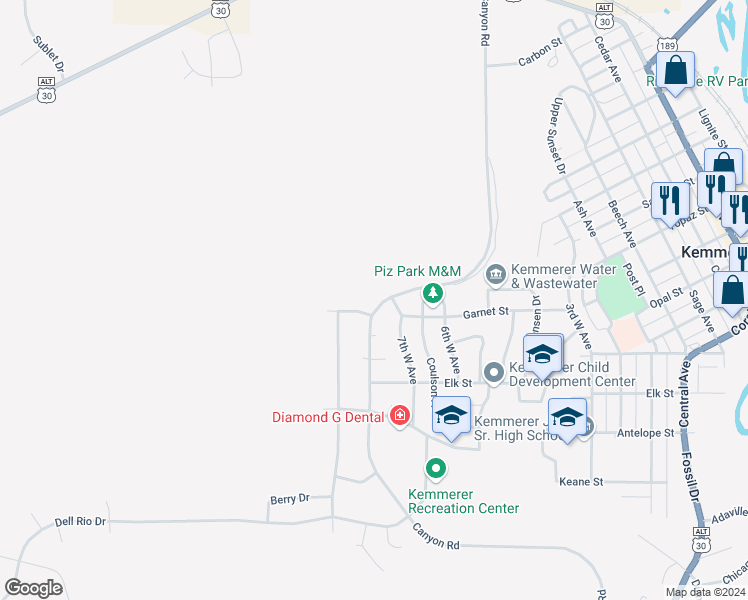 map of restaurants, bars, coffee shops, grocery stores, and more near 1805 Garnet Street in Kemmerer