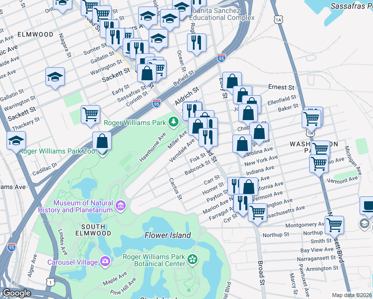 map of restaurants, bars, coffee shops, grocery stores, and more near 21 Verndale Avenue in Providence