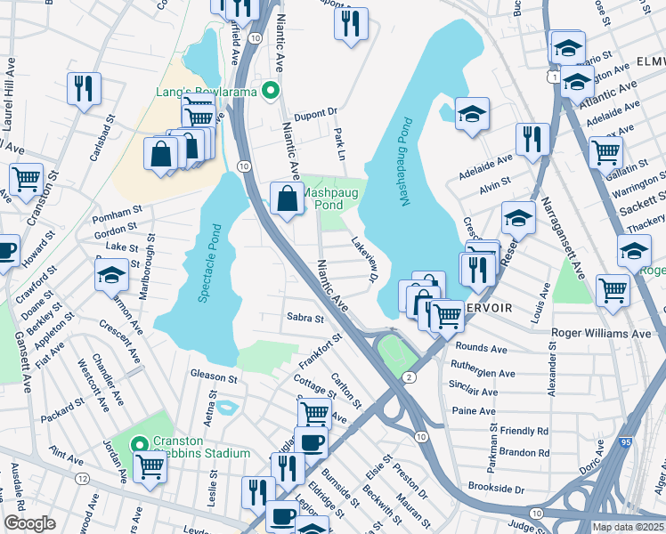 map of restaurants, bars, coffee shops, grocery stores, and more near 487 Niantic Avenue in Cranston