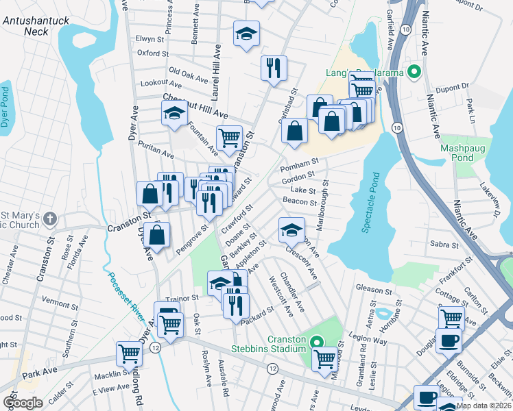 map of restaurants, bars, coffee shops, grocery stores, and more near 11 Crawford Street in Cranston