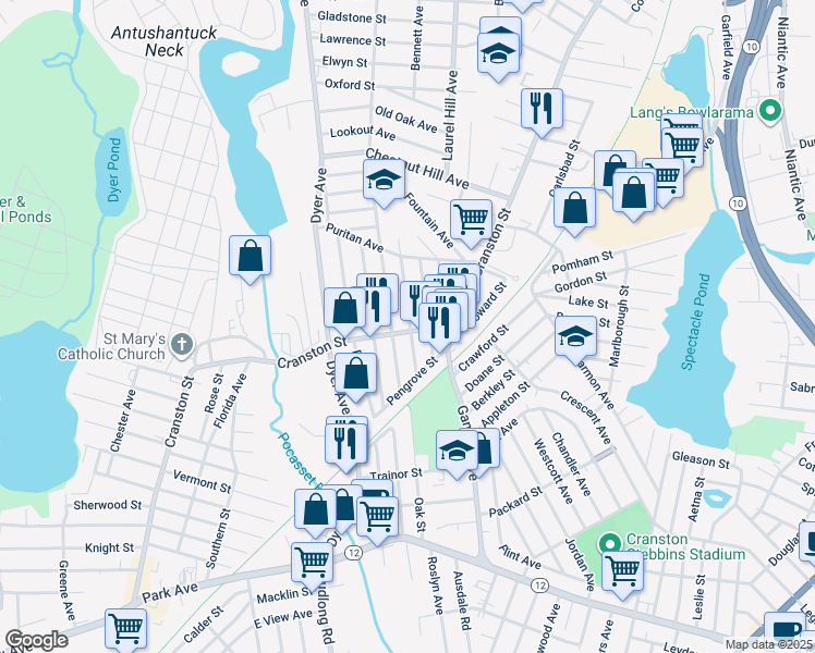 map of restaurants, bars, coffee shops, grocery stores, and more near 63 Cleveland Avenue in Cranston