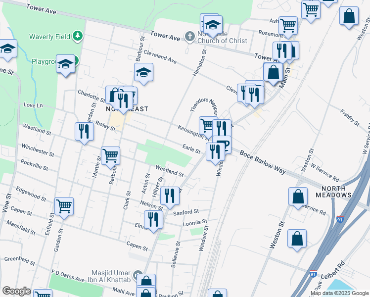 map of restaurants, bars, coffee shops, grocery stores, and more near 57 Kensington Street in Hartford