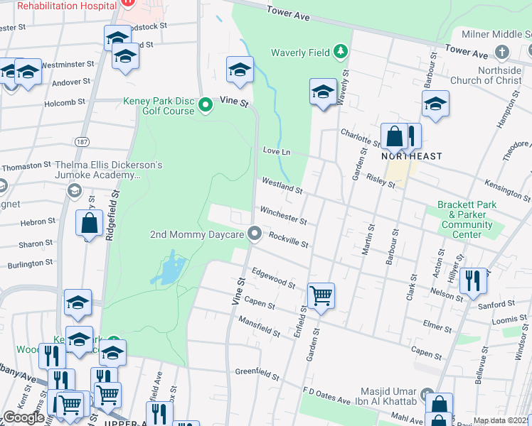 map of restaurants, bars, coffee shops, grocery stores, and more near 26 Winchester Street in Hartford