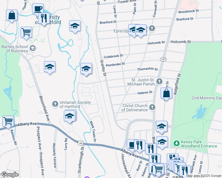 map of restaurants, bars, coffee shops, grocery stores, and more near 170 Granby Street in Hartford