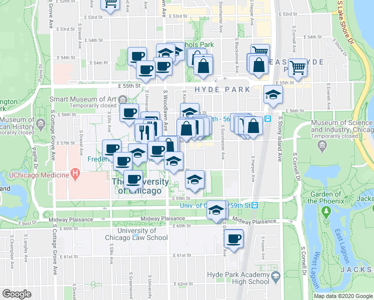 map of restaurants, bars, coffee shops, grocery stores, and more near 1321 East 57th Street in Chicago