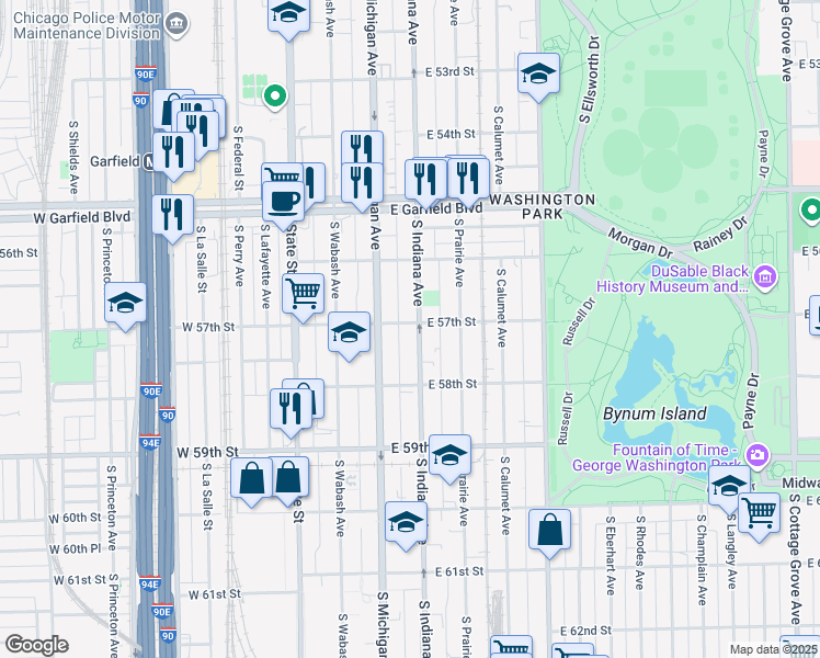 map of restaurants, bars, coffee shops, grocery stores, and more near 5648 South Indiana Avenue in Chicago