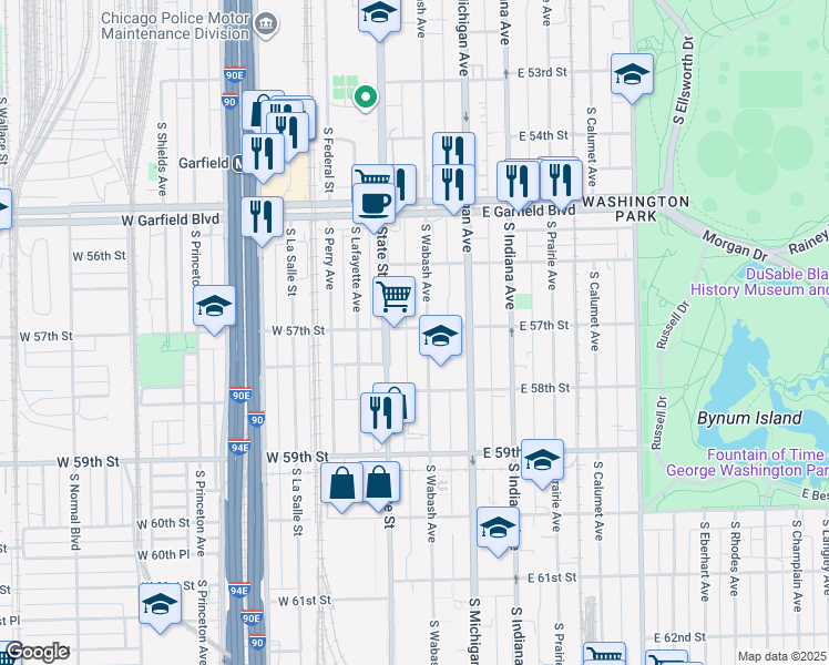 map of restaurants, bars, coffee shops, grocery stores, and more near 5646 South Wabash Avenue in Chicago