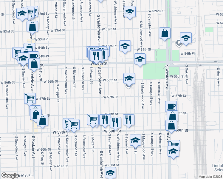 map of restaurants, bars, coffee shops, grocery stores, and more near 5610 South Washtenaw Avenue in Chicago