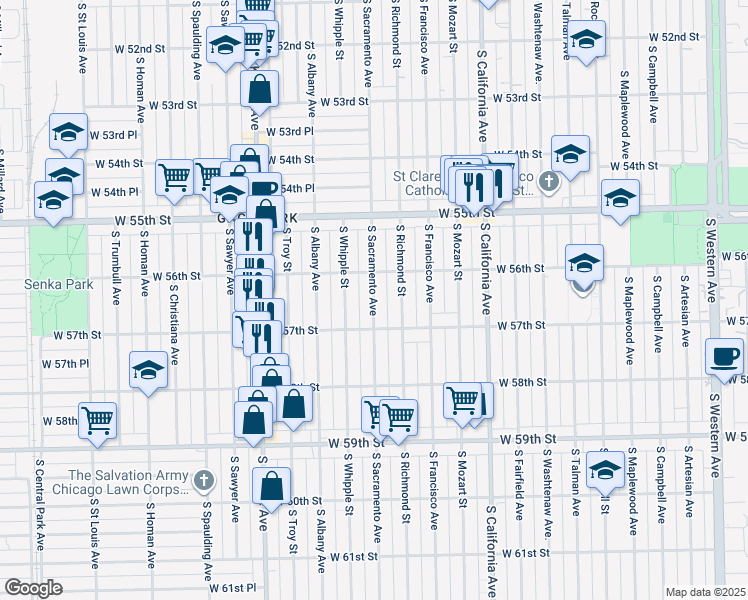 map of restaurants, bars, coffee shops, grocery stores, and more near 5606 South Sacramento Avenue in Chicago
