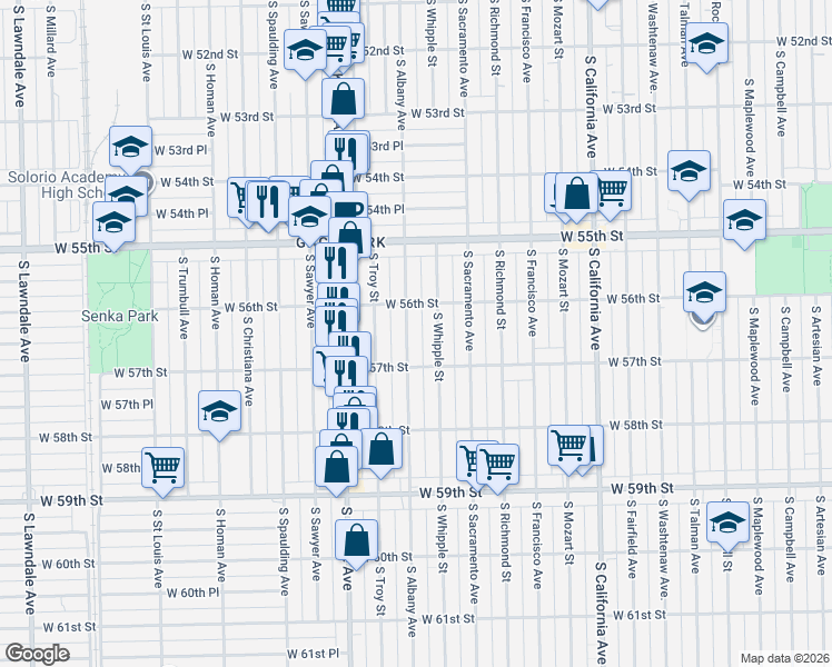 map of restaurants, bars, coffee shops, grocery stores, and more near 3051 West 56th Street in Chicago