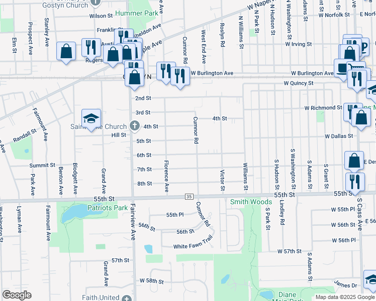map of restaurants, bars, coffee shops, grocery stores, and more near 215 5th Street in Downers Grove