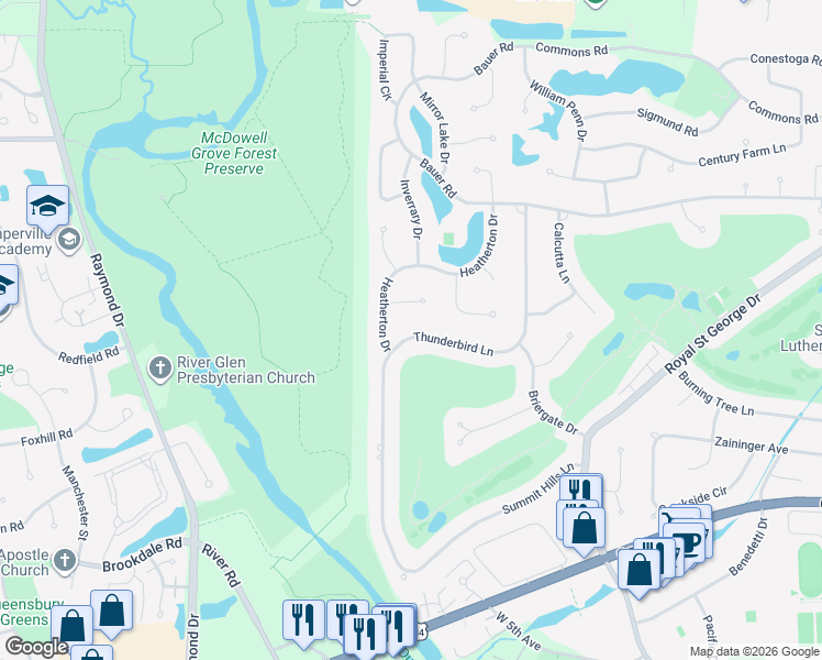 map of restaurants, bars, coffee shops, grocery stores, and more near 1127 Thunderbird Lane in Naperville