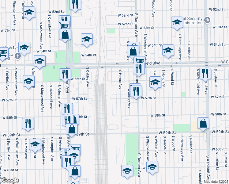 map of restaurants, bars, coffee shops, grocery stores, and more near 2241 West Garfield Boulevard in Chicago
