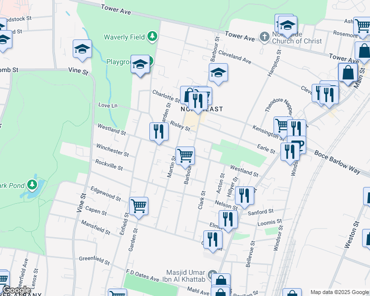 map of restaurants, bars, coffee shops, grocery stores, and more near 156 Westland Street in Hartford
