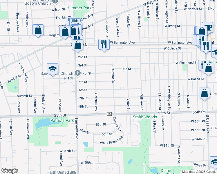 map of restaurants, bars, coffee shops, grocery stores, and more near 215 5th Street in Downers Grove