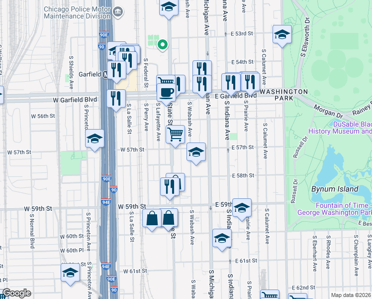 map of restaurants, bars, coffee shops, grocery stores, and more near 5700 South Wabash Avenue in Chicago