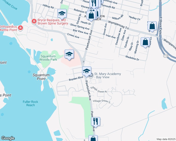 map of restaurants, bars, coffee shops, grocery stores, and more near 20 Brookfield Road in East Providence