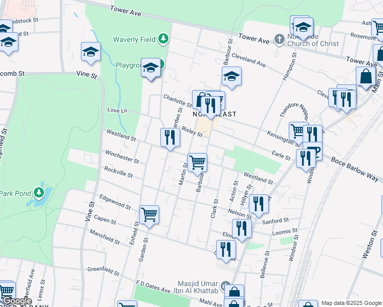 map of restaurants, bars, coffee shops, grocery stores, and more near 158 Westland Street in Hartford
