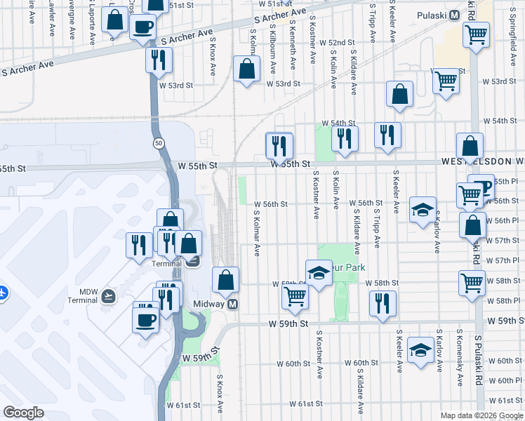 map of restaurants, bars, coffee shops, grocery stores, and more near 5551 South Kolmar Avenue in Chicago