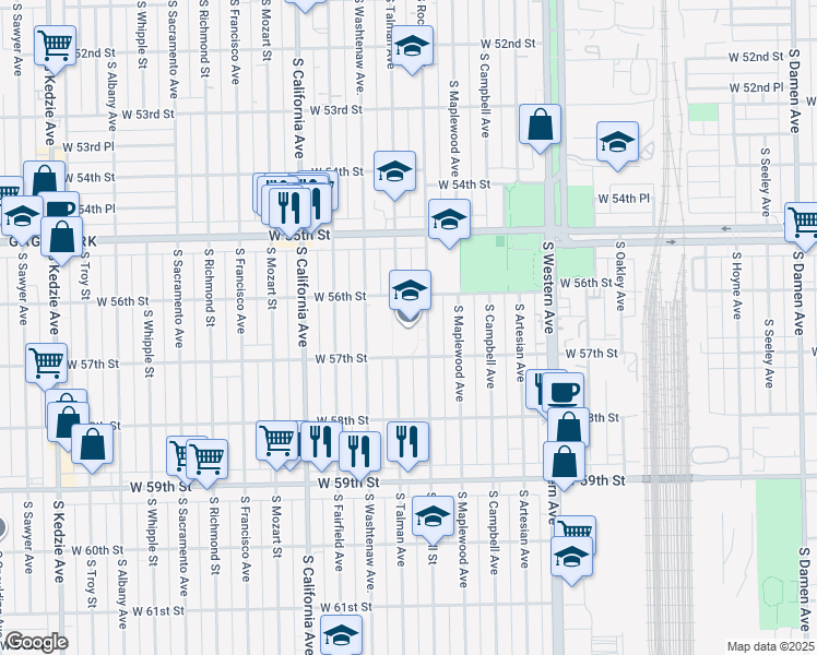 map of restaurants, bars, coffee shops, grocery stores, and more near 5630 South Rockwell Street in Chicago